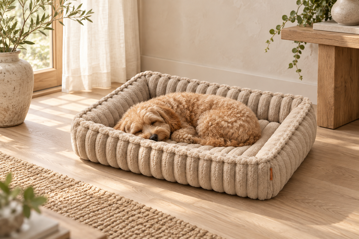 An apricot dog curled up in the Khaki Cozy Bed in a softly lit warm interior